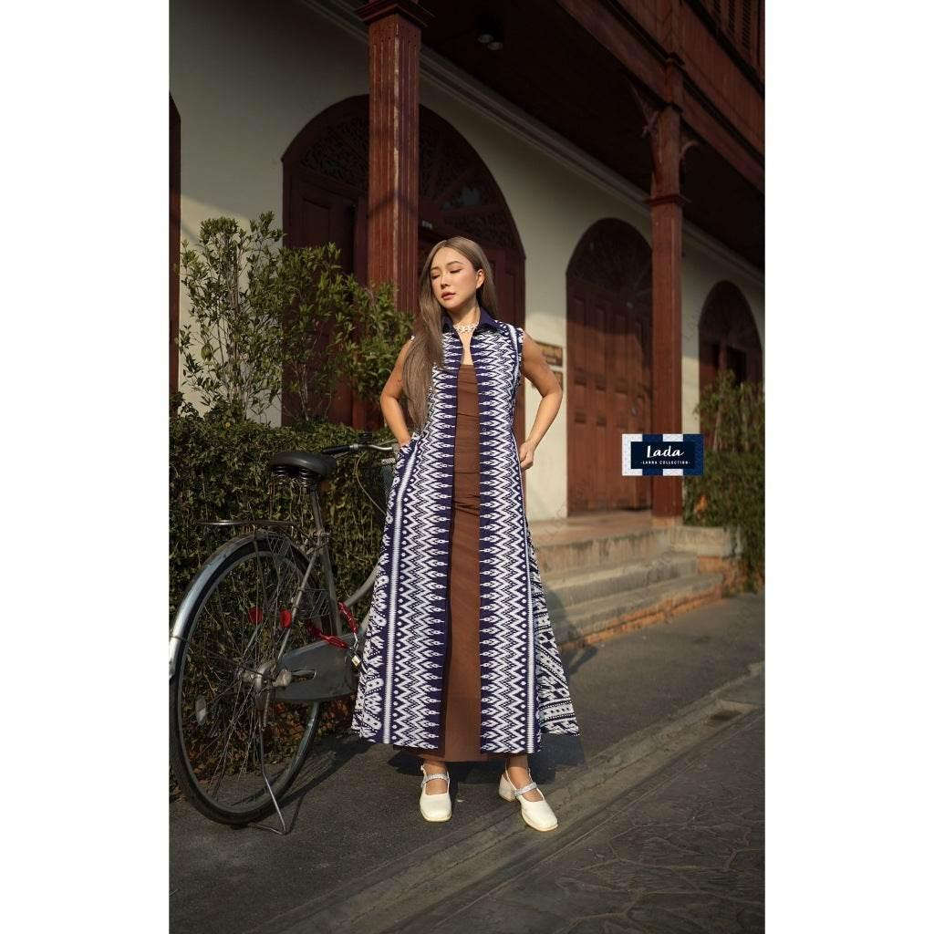 Long Sleeveless Wrap Coat with Lisa Print in Premium Cotton – Oversized Kimono Style for Women in 4 Colors