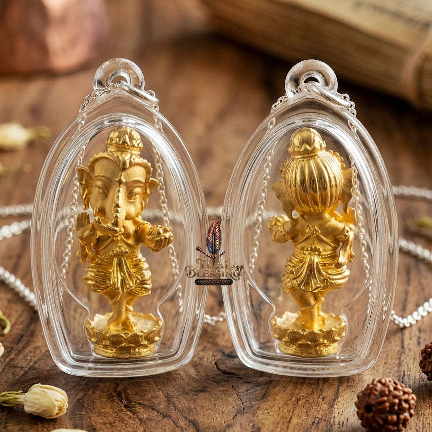 Lord Ganesha Pendant Thai Amulet Protection talisman good luck charm spiritual jewelry Sacred Dancing Ganesha Cosmic Performance & Gold-Plated Samrit Bronze Thai Blessing Co By RURUECHA