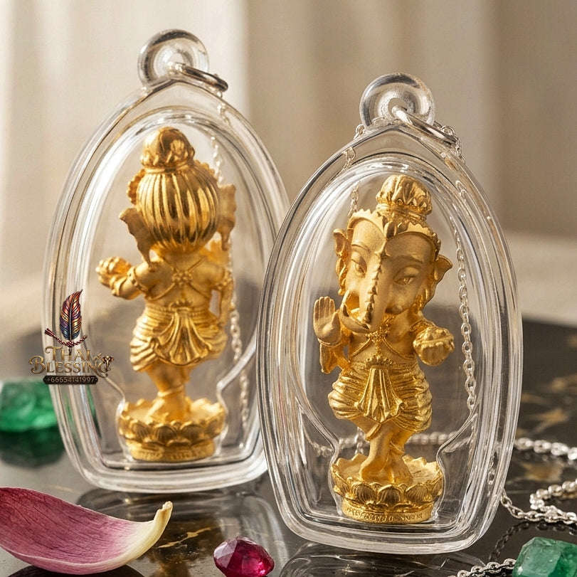 Lord Ganesha Pendant Thai Amulet Protection talisman good luck charm spiritual jewelry Sacred Dancing Ganesha Cosmic Performance & Gold-Plated Samrit Bronze Thai Blessing Co By RURUECHA