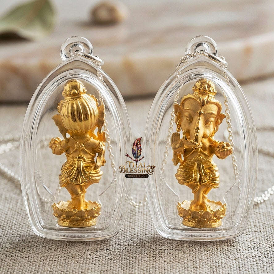 Lord Ganesha Pendant Thai Amulet Protection talisman good luck charm spiritual jewelry Sacred Dancing Ganesha Cosmic Performance & Gold-Plated Samrit Bronze Thai Blessing Co By RURUECHA