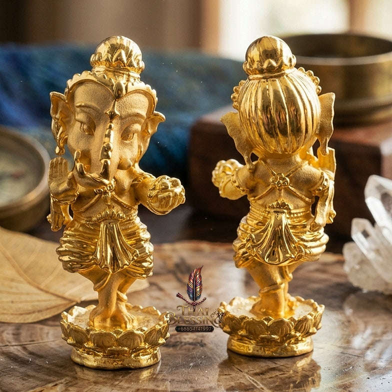 Lord Ganesha Pendant Thai Amulet Protection talisman good luck charm spiritual jewelry Sacred Dancing Ganesha Cosmic Performance & Gold-Plated Samrit Bronze Thai Blessing Co By RURUECHA