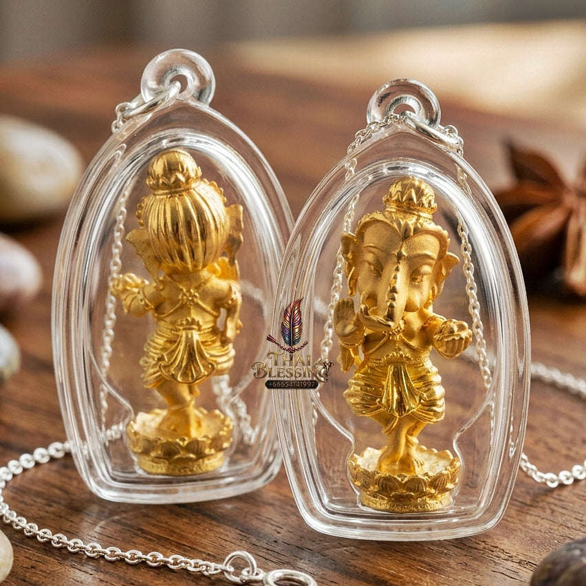 Lord Ganesha Pendant Thai Amulet Protection talisman good luck charm spiritual jewelry Sacred Dancing Ganesha Cosmic Performance & Gold-Plated Samrit Bronze Thai Blessing Co By RURUECHA