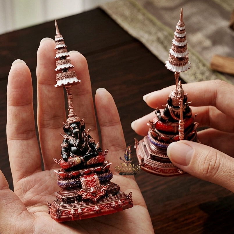 Authentic Sacred Thai Contemporary Fine Art Nawa Loha Statue "Ganesha Subhamangala" (8 cm High Desktop & Altar Size)