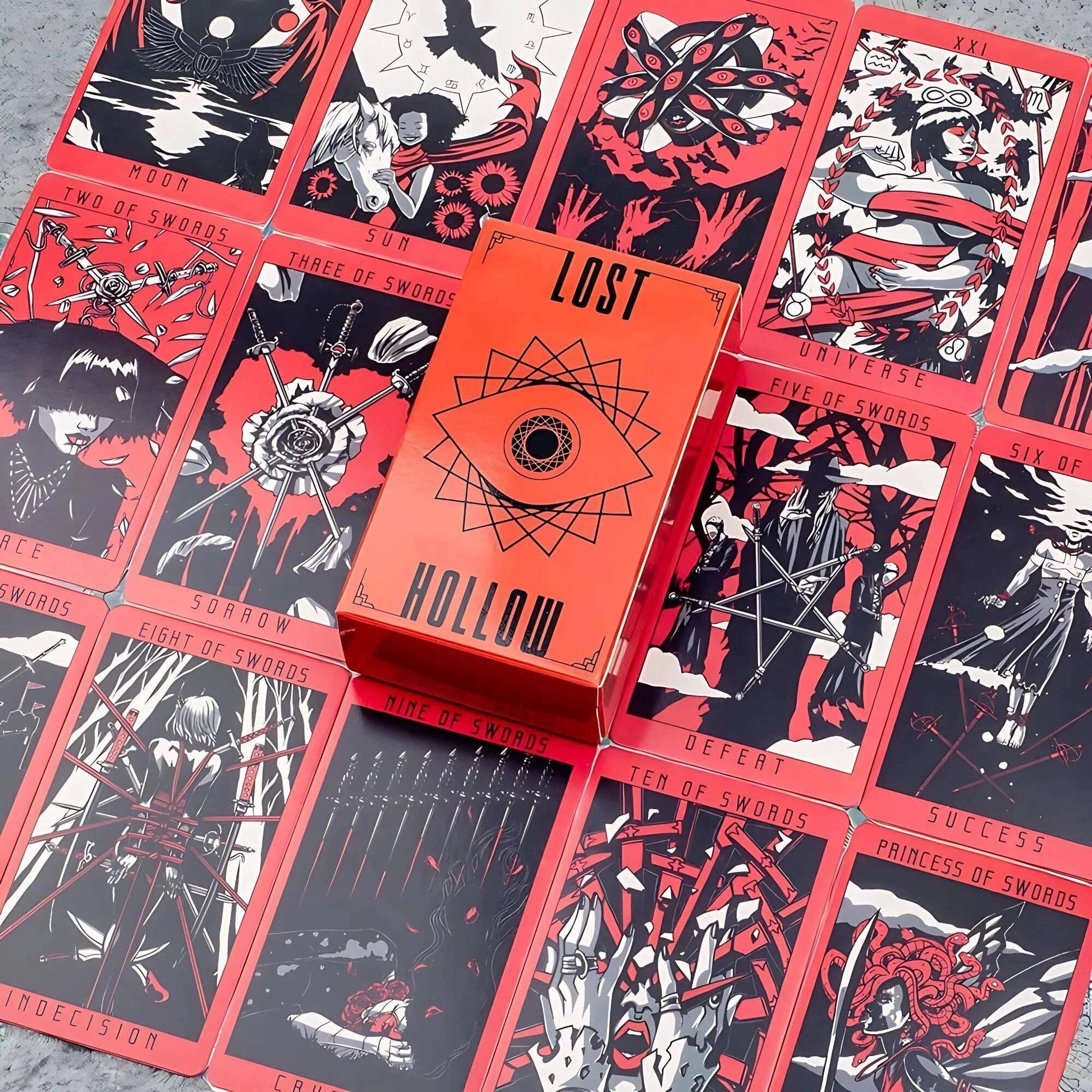 Lost Hollow Tarot Deck 10.3 x 6 cm – Beginner-Friendly with Guidebook & Red Gilded Edges