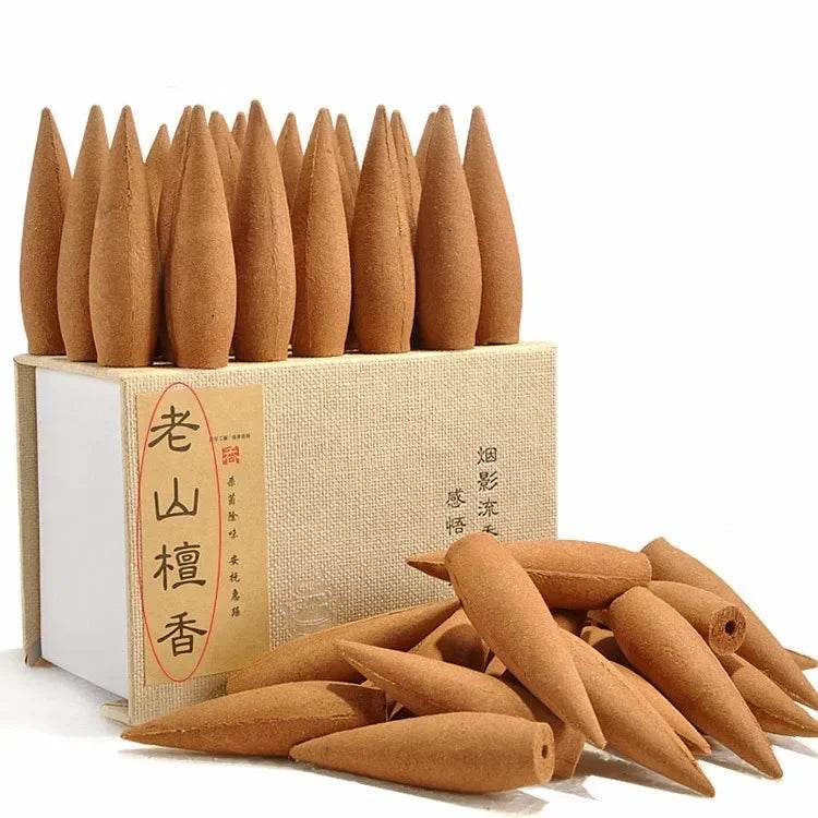 Thai Blessing Co sandalwood backflow incense cones box with stacked cones and pile ideal for meditation and relaxation