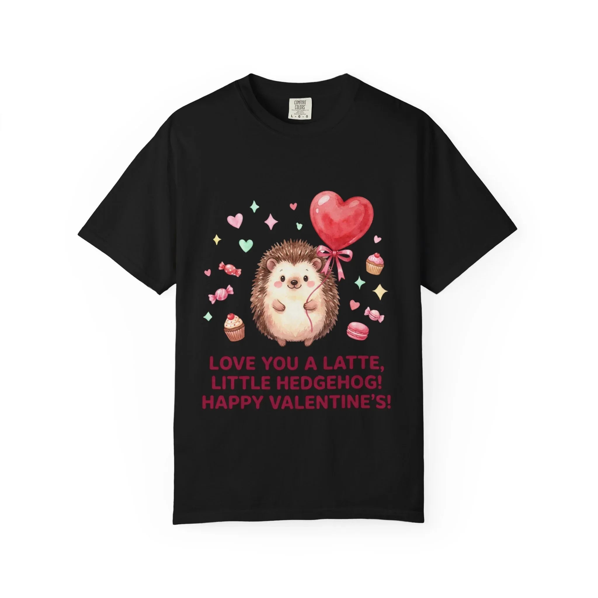 Love You A Latte Hedgehog T Shirt Cute Watercolor Heart Balloon Valentine Cozy Vintage Aesthetic Gift Animal Lovers Soft Cotton Romantic Tee Black