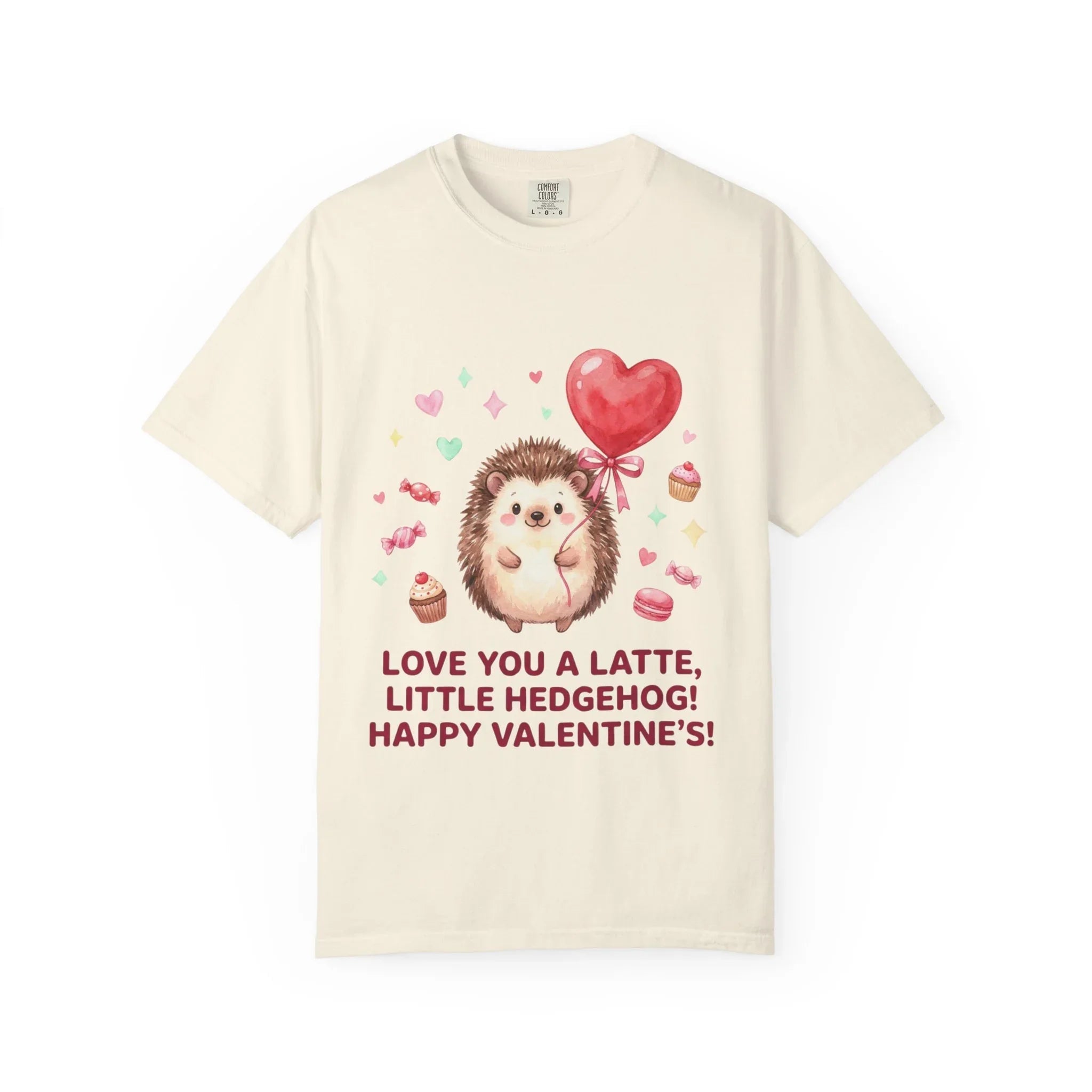 Love You A Latte Hedgehog T Shirt Cute Watercolor Heart Balloon Valentine Cozy Vintage Aesthetic Gift Animal Lovers Soft Cotton Romantic Tee Ivory