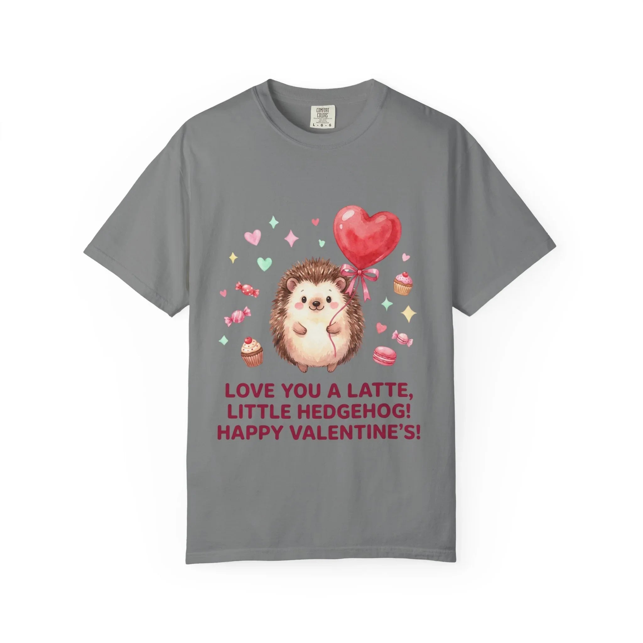 Love You A Latte Hedgehog T Shirt Cute Watercolor Heart Balloon Valentine Cozy Vintage Aesthetic Gift Animal Lovers Soft Cotton Romantic Tee Grey