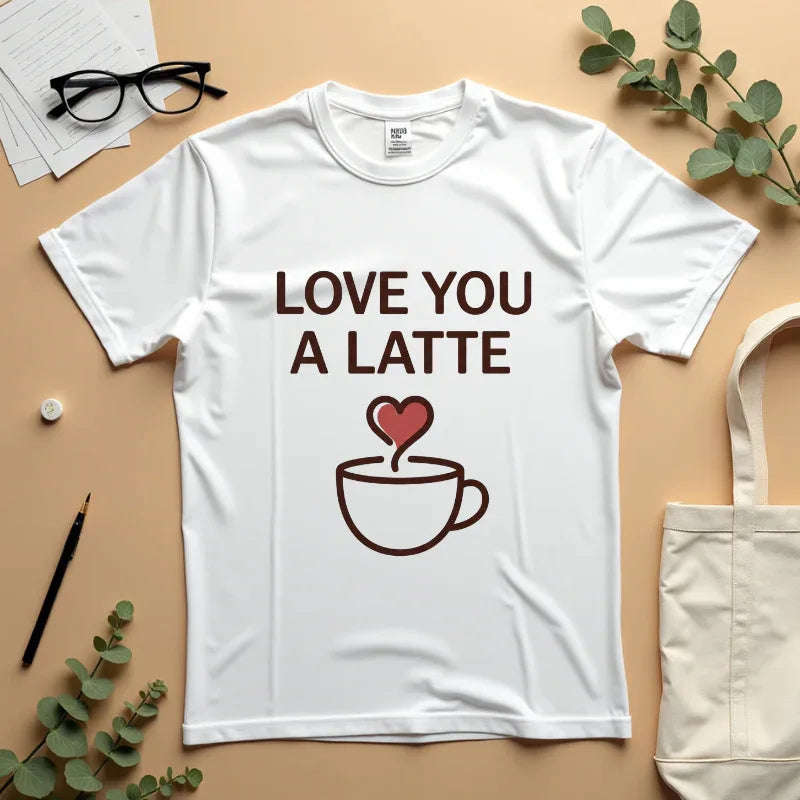 Love You a Latte Shirt, Coffee Cup Heart Steam T-Shirt, Cute Coffee Lover Tee, Cafe Date Graphic, Barista Gift, Valentine White