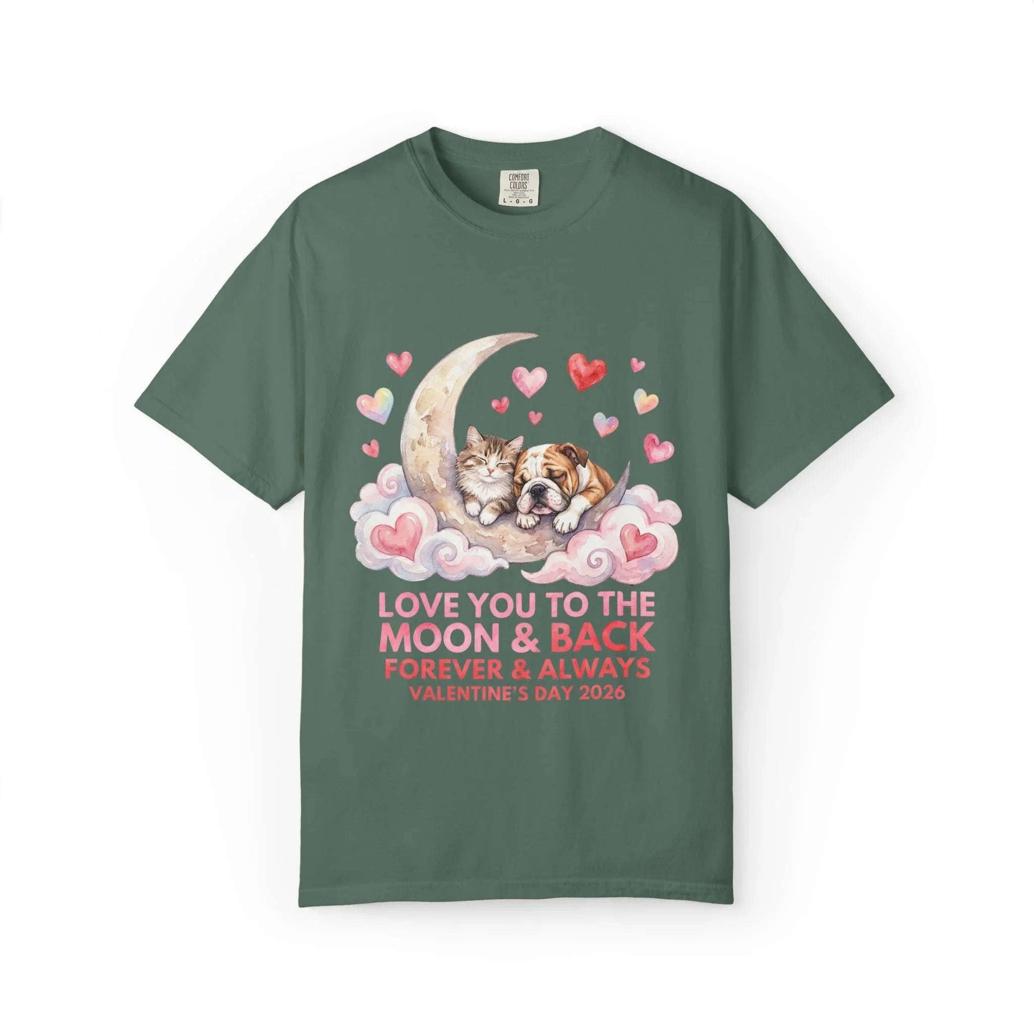 Love You to the Moon and Back Cats T Shirt Cute Kittens Crescent Moon Hearts Watercolor Cozy Vintage Aesthetic Gift Cat Lovers Valentine Tee Blue Spruce