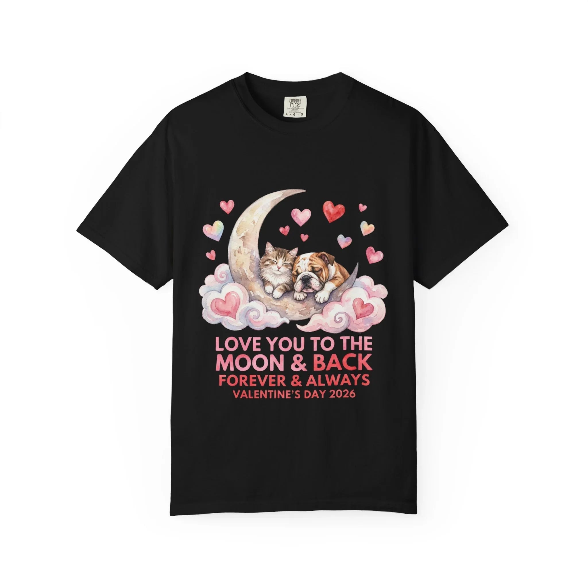 Love You to the Moon and Back Cats T Shirt Cute Kittens Crescent Moon Hearts Watercolor Cozy Vintage Aesthetic Gift Cat Lovers Valentine Tee Black
