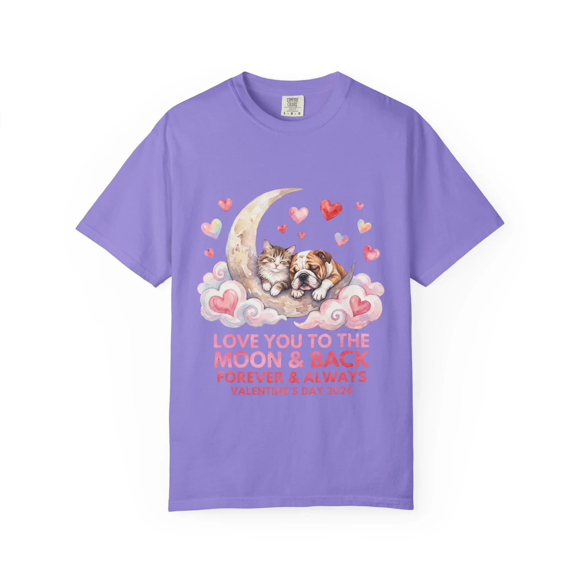 Love You to the Moon and Back Cats T Shirt Cute Kittens Crescent Moon Hearts Watercolor Cozy Vintage Aesthetic Gift Cat Lovers Valentine Tee Violet