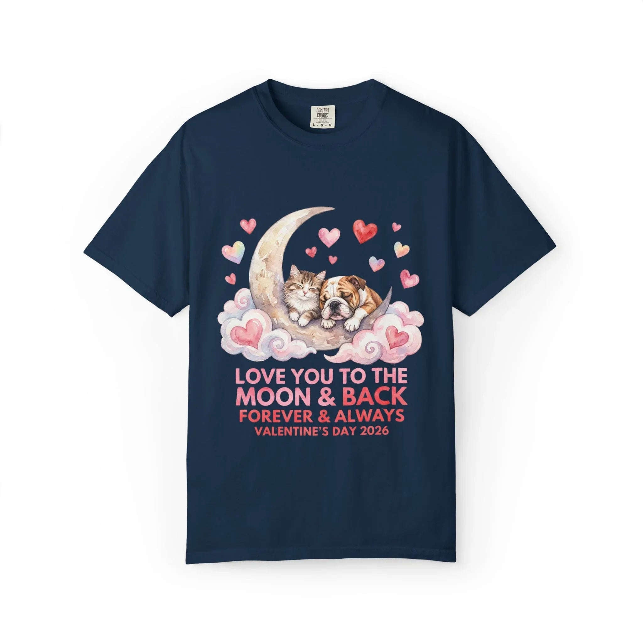 Love You to the Moon and Back Cats T Shirt Cute Kittens Crescent Moon Hearts Watercolor Cozy Vintage Aesthetic Gift Cat Lovers Valentine Tee True Navy