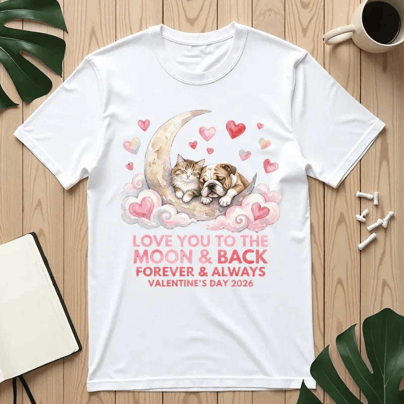 Love You to the Moon and Back Cats T Shirt Cute Kittens Crescent Moon Hearts Watercolor Cozy Vintage Aesthetic Gift Cat Lovers Valentine Tee