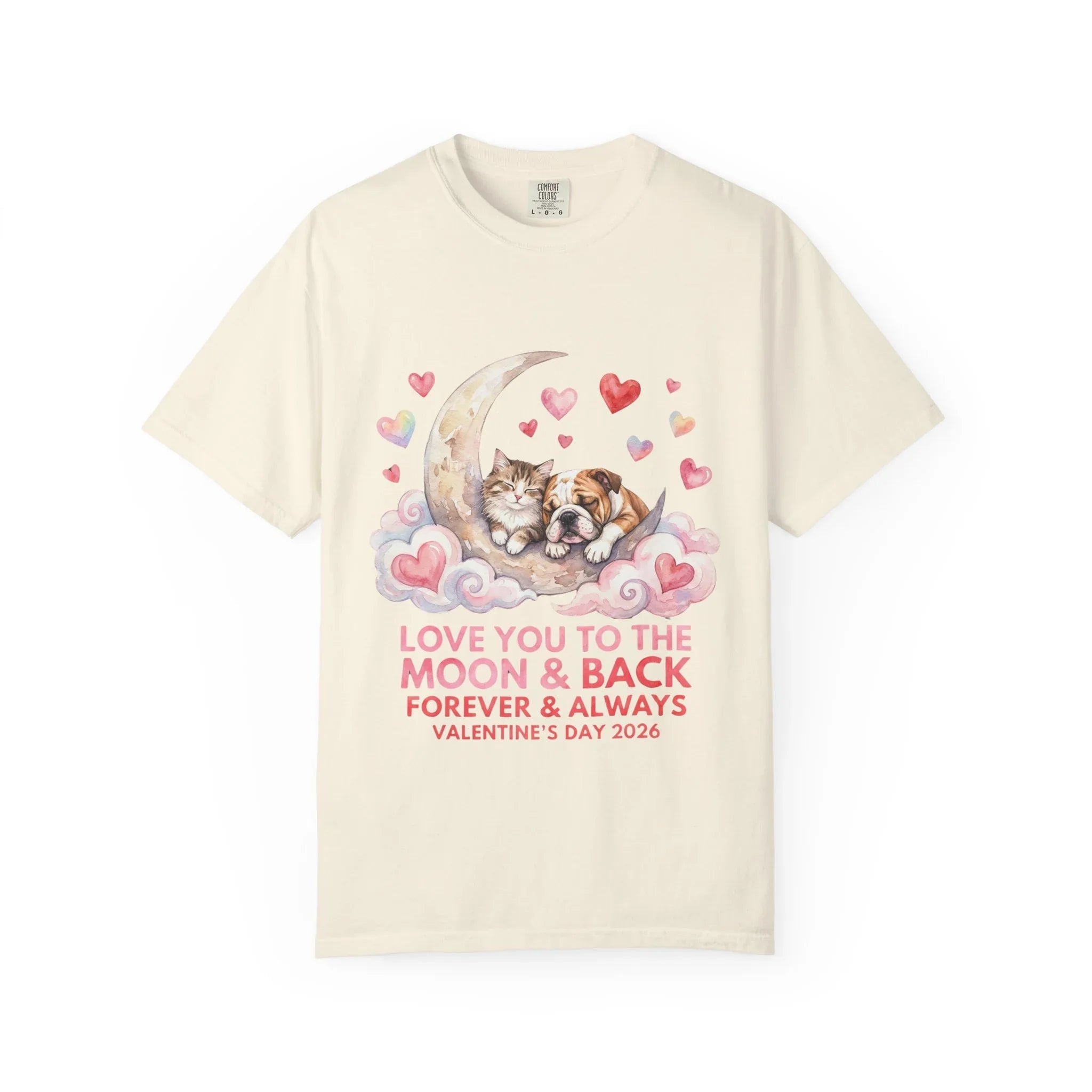 Love You to the Moon and Back Cats T Shirt Cute Kittens Crescent Moon Hearts Watercolor Cozy Vintage Aesthetic Gift Cat Lovers Valentine Tee Ivory