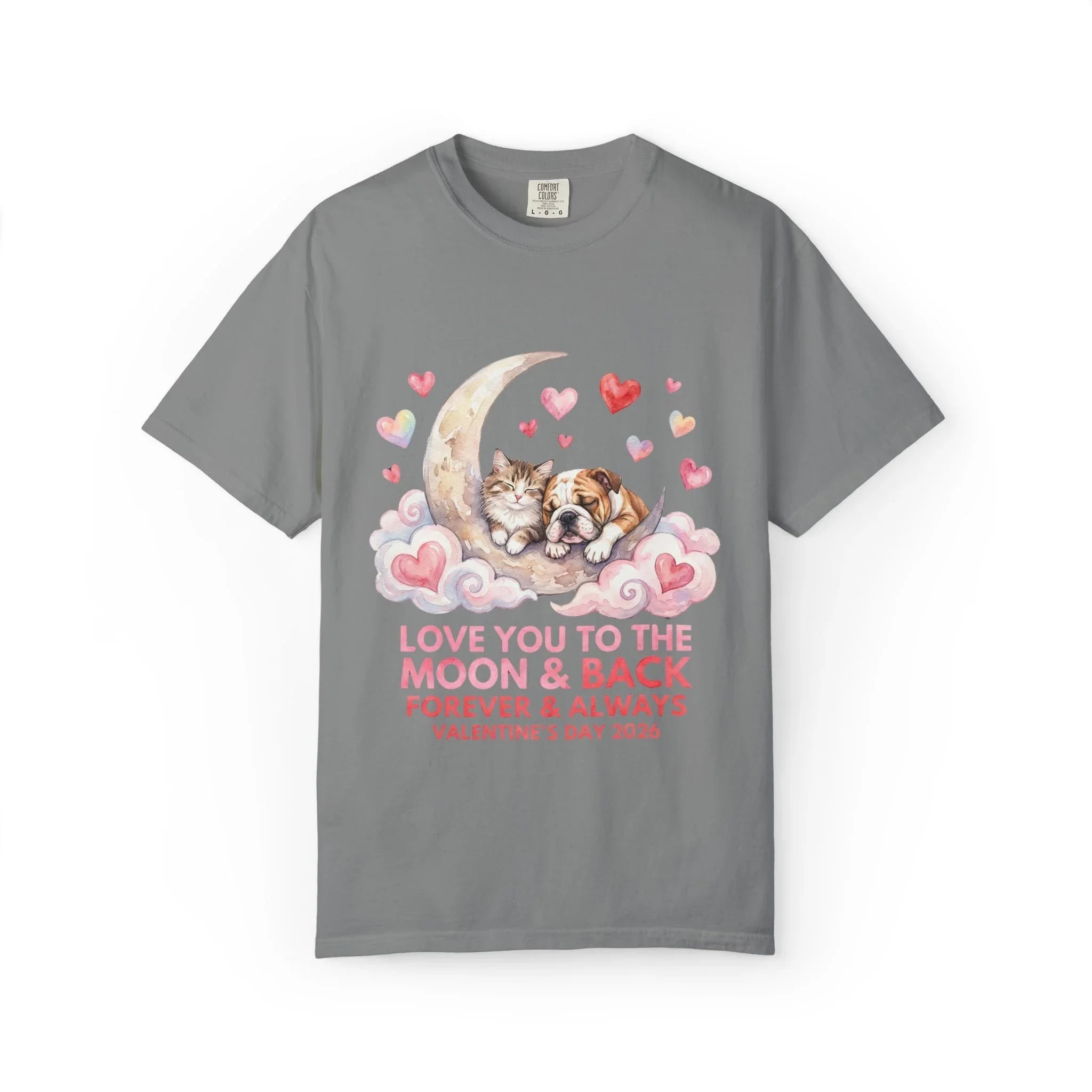 Love You to the Moon and Back Cats T Shirt Cute Kittens Crescent Moon Hearts Watercolor Cozy Vintage Aesthetic Gift Cat Lovers Valentine Tee Grey