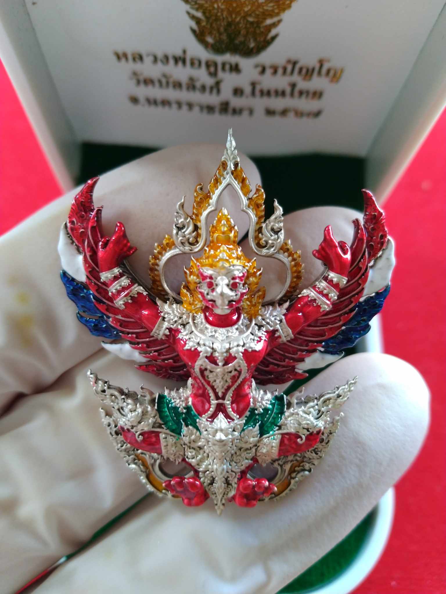 Phaya Garuda amulet blessed by Luang Por Koon multicolored red gold silver enamel pendant in presentation box