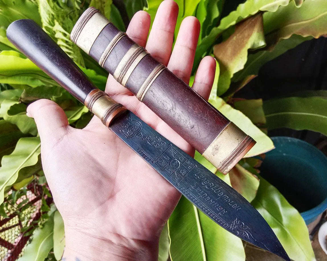 Luang Pu Moon Ritual Knife - Engraved Brass Protection Against Black Magic