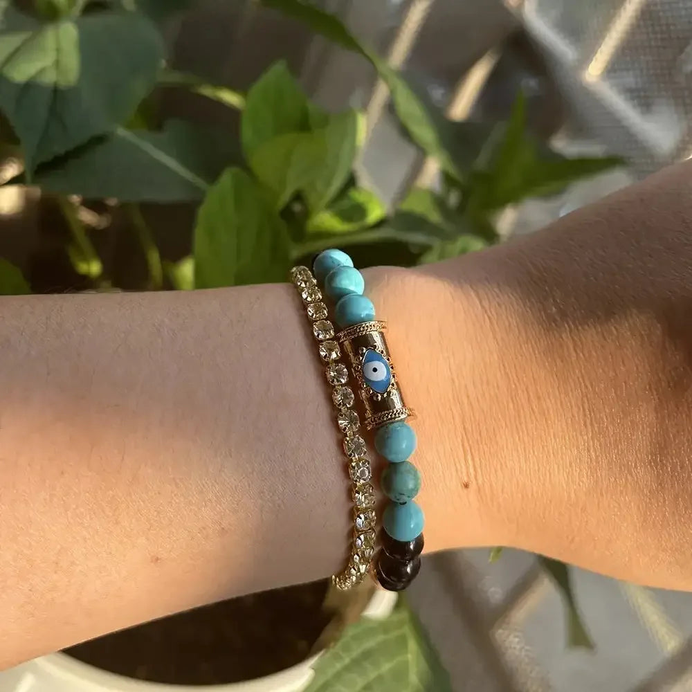 🧿 Lucky Evil Eye Natural Stone Beaded Bracelet – Turkish Protection Amulet | Unisex Jewelry for Yoga, Spirituality & Friendship Gifts