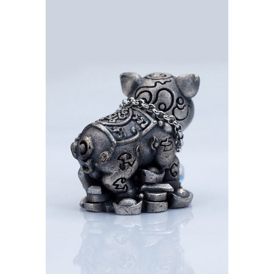 lucky silver pig amulet Thailand with detailed engravings and chain from Thai Blessing Co