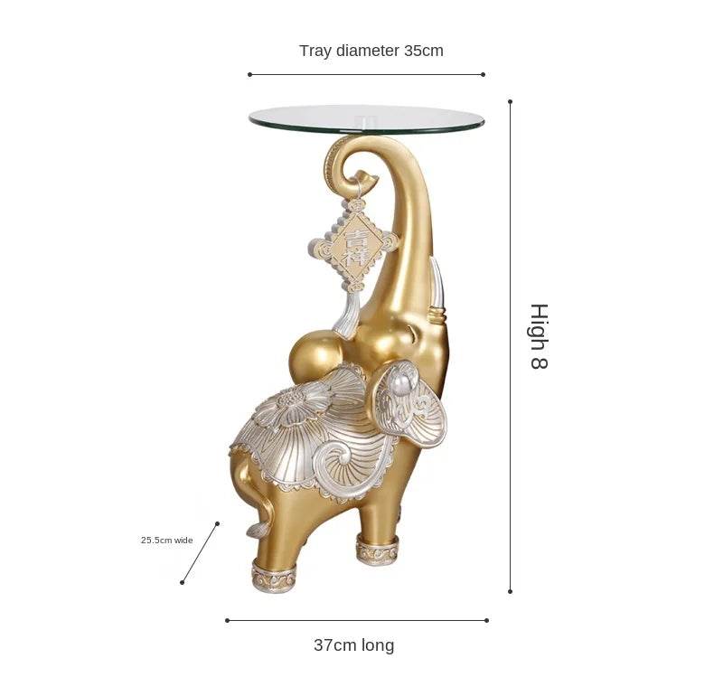 Gold decorative elephant side tray with glass top and ornate silver detailing elephant tray for keys and jewelry