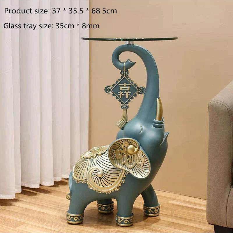 Teal and gold elephant side table with glass top decorative tassel elephant tray for keys and jewelry