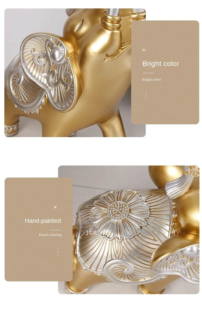 Gold hand painted decorative elephant tray for keys and jewelry with silver floral detailing