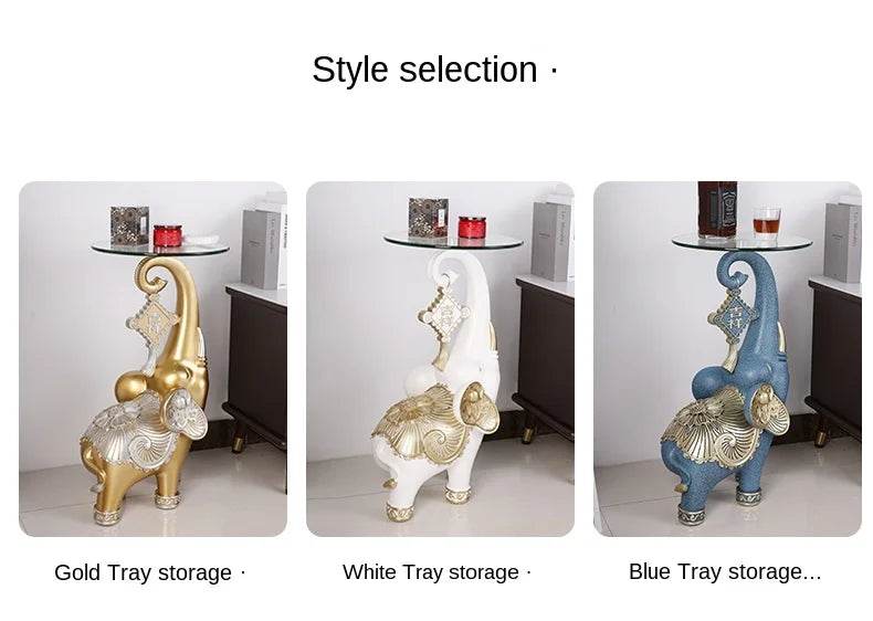 Decorative elephant side table trio in gold white and blue with glass top for entryway elephant tray for keys and jewelry