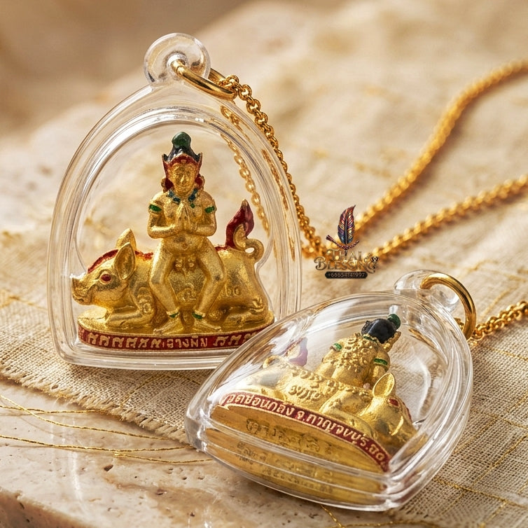 Authentic Thai Amulet "Mae Nang Phim Riding Wild Boar Enameled Thong Thip Brass Pendant" Consecrated by Phra Ajarn Prasan, Wat Chong Kling B.E. 2561 (2018) - Direct Nephew & Lineage Disciple of Luang Pu Up, Wat Thong Sai