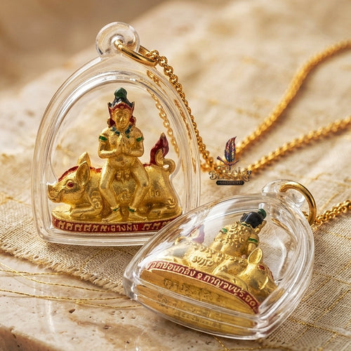 Authentic Thai Amulet "Mae Nang Phim Riding Wild Boar Enameled Thong Thip Brass Pendant" Consecrated by Phra Ajarn Prasan, Wat Chong Kling B.E. 2561 (2018) - Direct Nephew & Lineage Disciple of Luang Pu Up, Wat Thong Sai