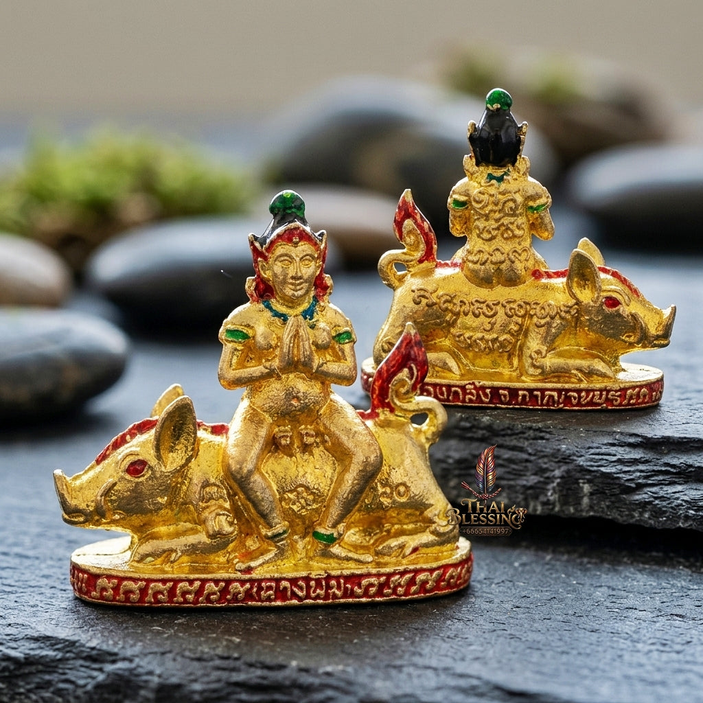 Authentic Thai Amulet "Mae Nang Phim Riding Wild Boar Enameled Thong Thip Brass Pendant" Consecrated by Phra Ajarn Prasan, Wat Chong Kling B.E. 2561 (2018) - Direct Nephew & Lineage Disciple of Luang Pu Up, Wat Thong Sai
