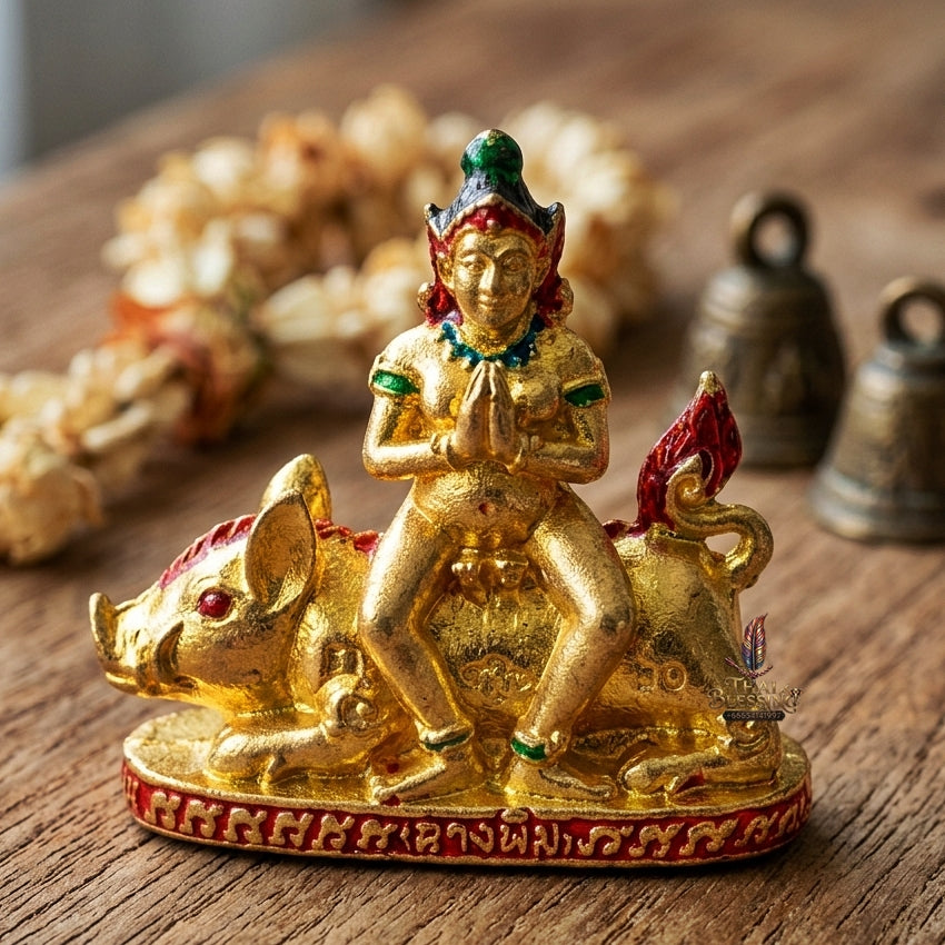 Authentic Thai Amulet "Mae Nang Phim Riding Wild Boar Enameled Thong Thip Brass Pendant" Consecrated by Phra Ajarn Prasan, Wat Chong Kling B.E. 2561 (2018) - Direct Nephew & Lineage Disciple of Luang Pu Up, Wat Thong Sai