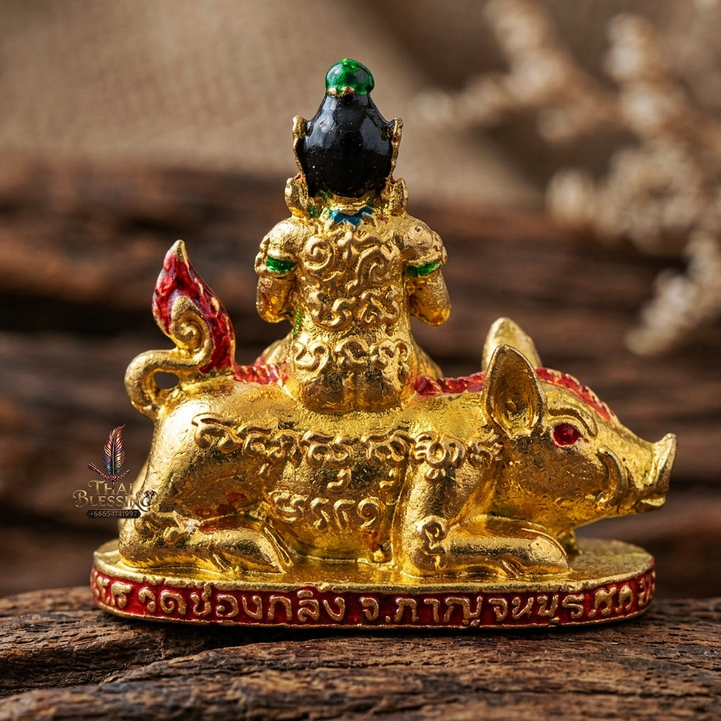 Authentic Thai Amulet "Mae Nang Phim Riding Wild Boar Enameled Thong Thip Brass Pendant" Consecrated by Phra Ajarn Prasan, Wat Chong Kling B.E. 2561 (2018) - Direct Nephew & Lineage Disciple of Luang Pu Up, Wat Thong Sai