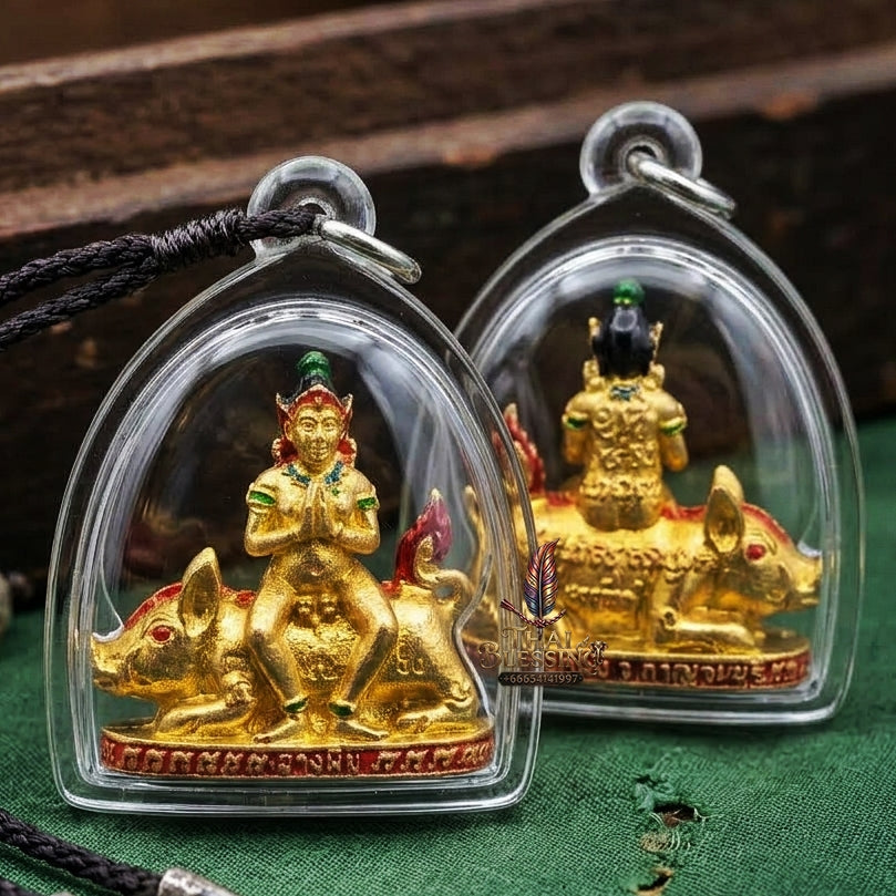 Authentic Thai Amulet "Mae Nang Phim Riding Wild Boar Enameled Thong Thip Brass Pendant" Consecrated by Phra Ajarn Prasan, Wat Chong Kling B.E. 2561 (2018) - Direct Nephew & Lineage Disciple of Luang Pu Up, Wat Thong Sai