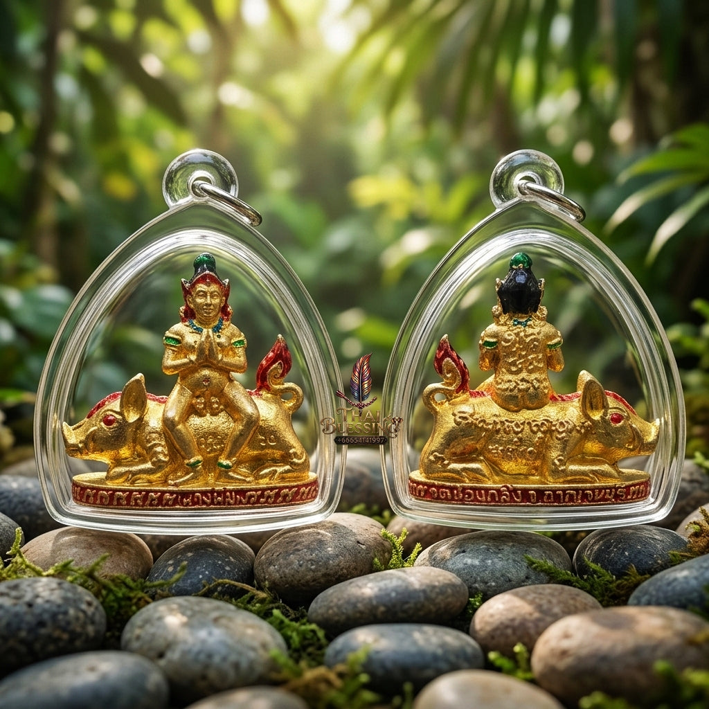 Authentic Thai Amulet "Mae Nang Phim Riding Wild Boar Enameled Thong Thip Brass Pendant" Consecrated by Phra Ajarn Prasan, Wat Chong Kling B.E. 2561 (2018) - Direct Nephew & Lineage Disciple of Luang Pu Up, Wat Thong Sai