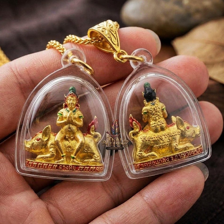 Authentic Thai Amulet "Mae Nang Phim Riding Wild Boar Enameled Thong Thip Brass Pendant" Consecrated by Phra Ajarn Prasan, Wat Chong Kling B.E. 2561 (2018) - Direct Nephew & Lineage Disciple of Luang Pu Up, Wat Thong Sai