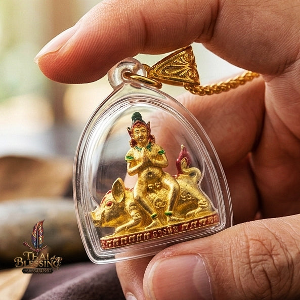 Authentic Thai Amulet "Mae Nang Phim Riding Wild Boar Enameled Thong Thip Brass Pendant" Consecrated by Phra Ajarn Prasan, Wat Chong Kling B.E. 2561 (2018) - Direct Nephew & Lineage Disciple of Luang Pu Up, Wat Thong Sai