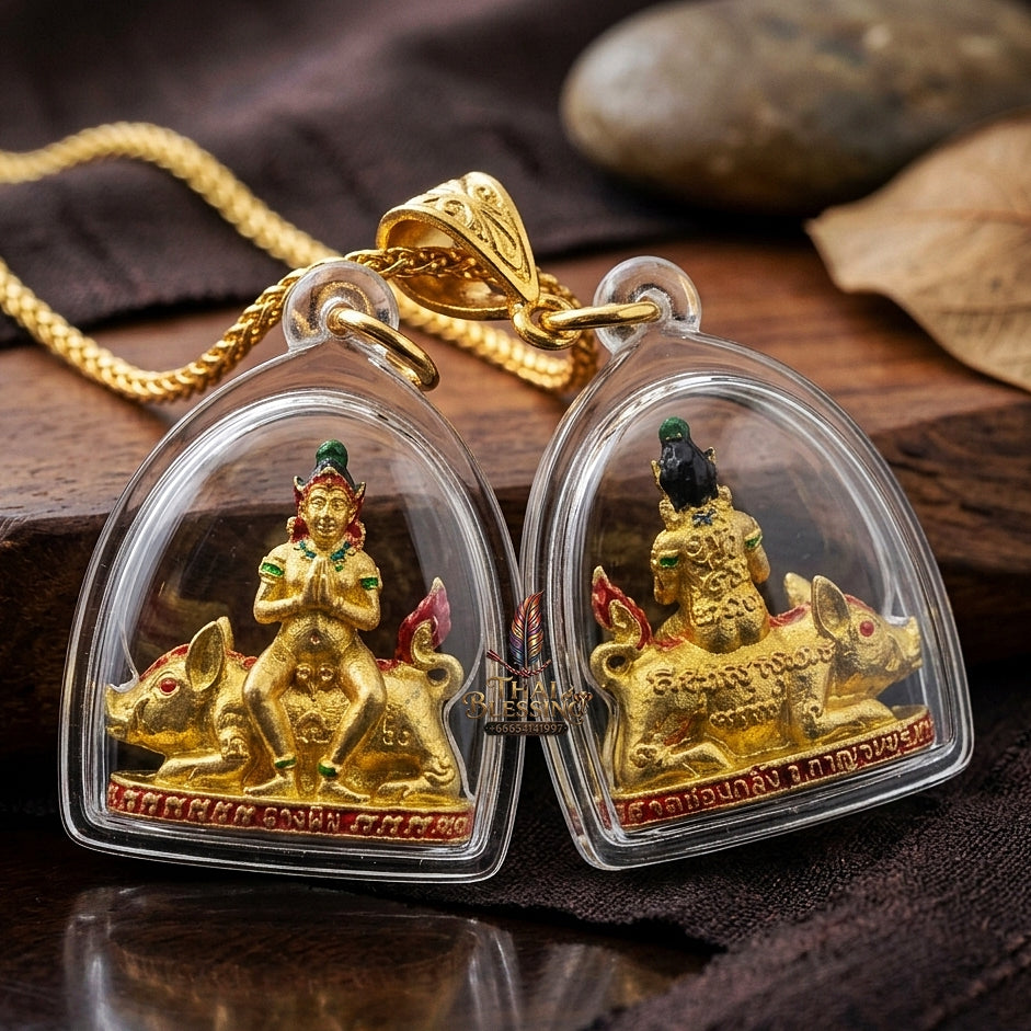 Authentic Thai Amulet "Mae Nang Phim Riding Wild Boar Enameled Thong Thip Brass Pendant" Consecrated by Phra Ajarn Prasan, Wat Chong Kling B.E. 2561 (2018) - Direct Nephew & Lineage Disciple of Luang Pu Up, Wat Thong Sai