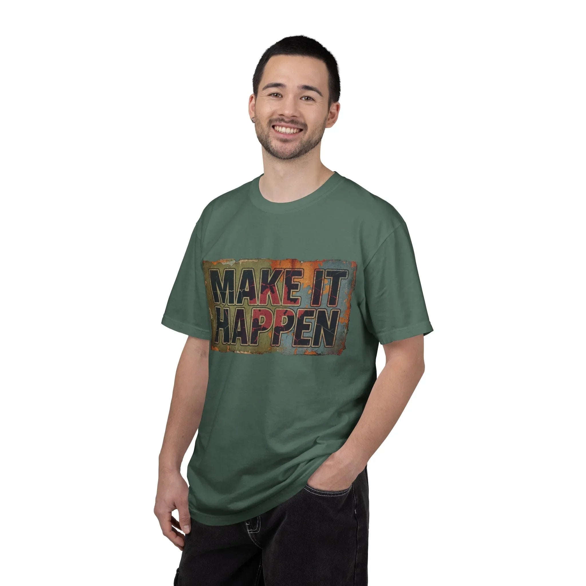 Make It Happen Shirt, Motivational Typography Tee, Vintage Distressed Quote T-Shirt, Hustle Entrepreneur Gift, Minimal Streetwear Blue Spruce