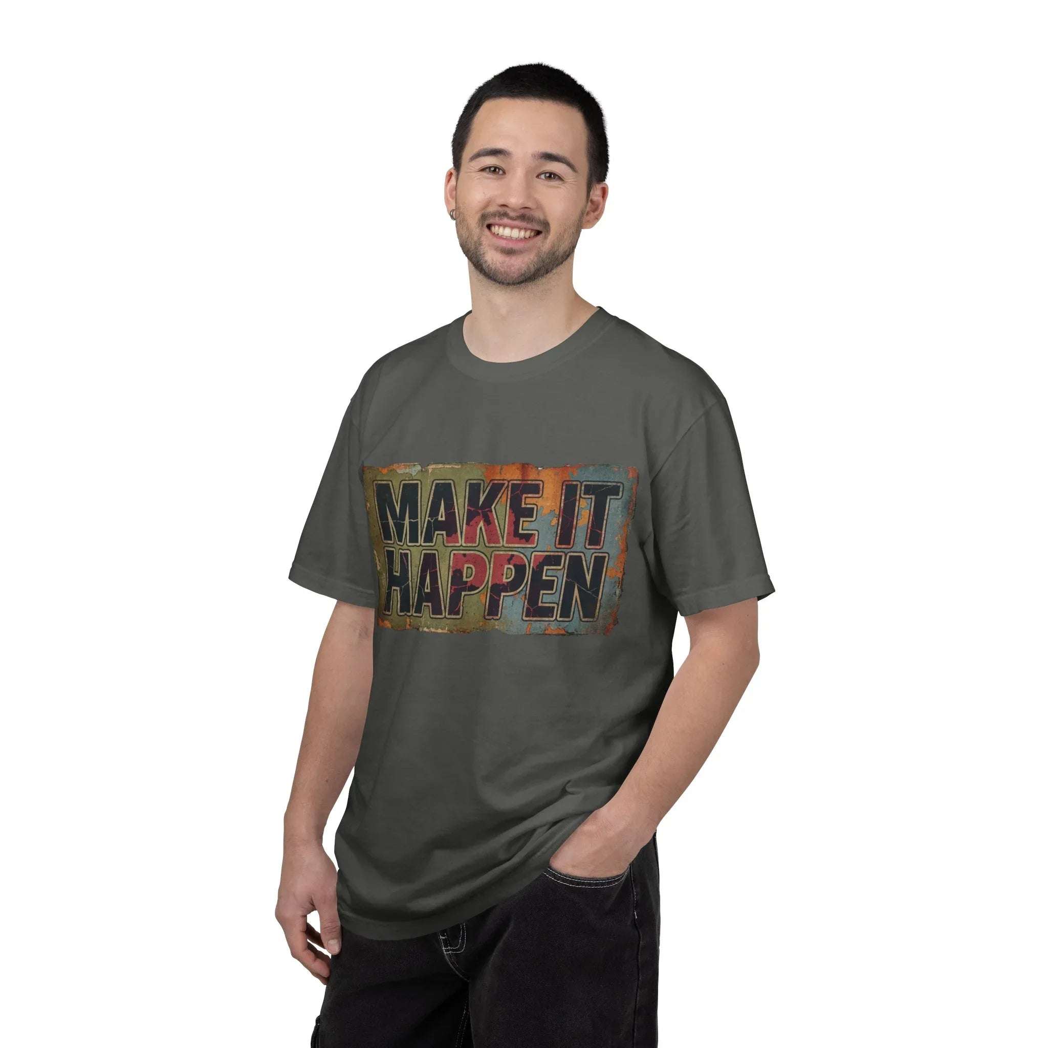 Make It Happen Shirt, Motivational Typography Tee, Vintage Distressed Quote T-Shirt, Hustle Entrepreneur Gift, Minimal Streetwear Pepper