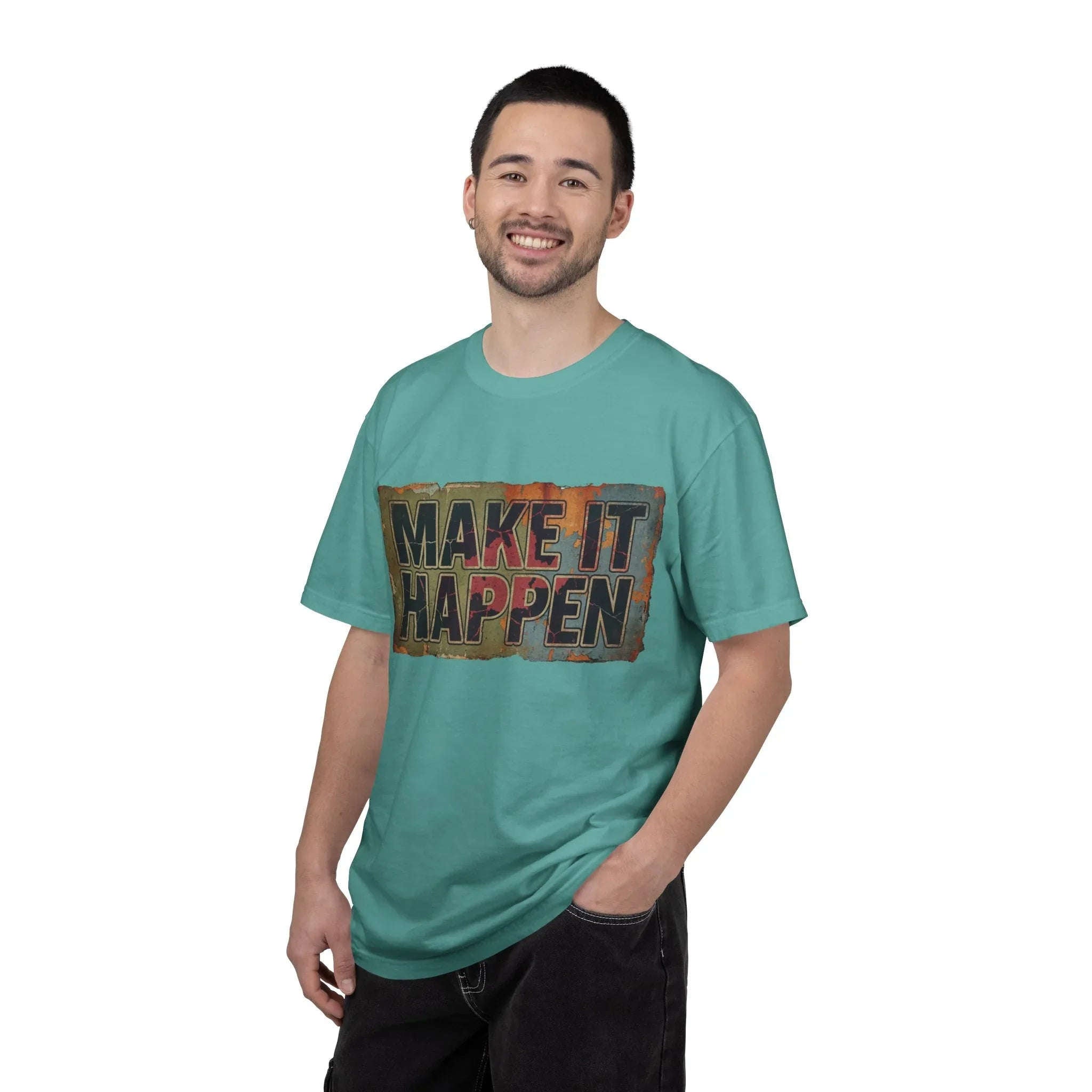 Make It Happen Shirt, Motivational Typography Tee, Vintage Distressed Quote T-Shirt, Hustle Entrepreneur Gift, Minimal Streetwear Seafoam