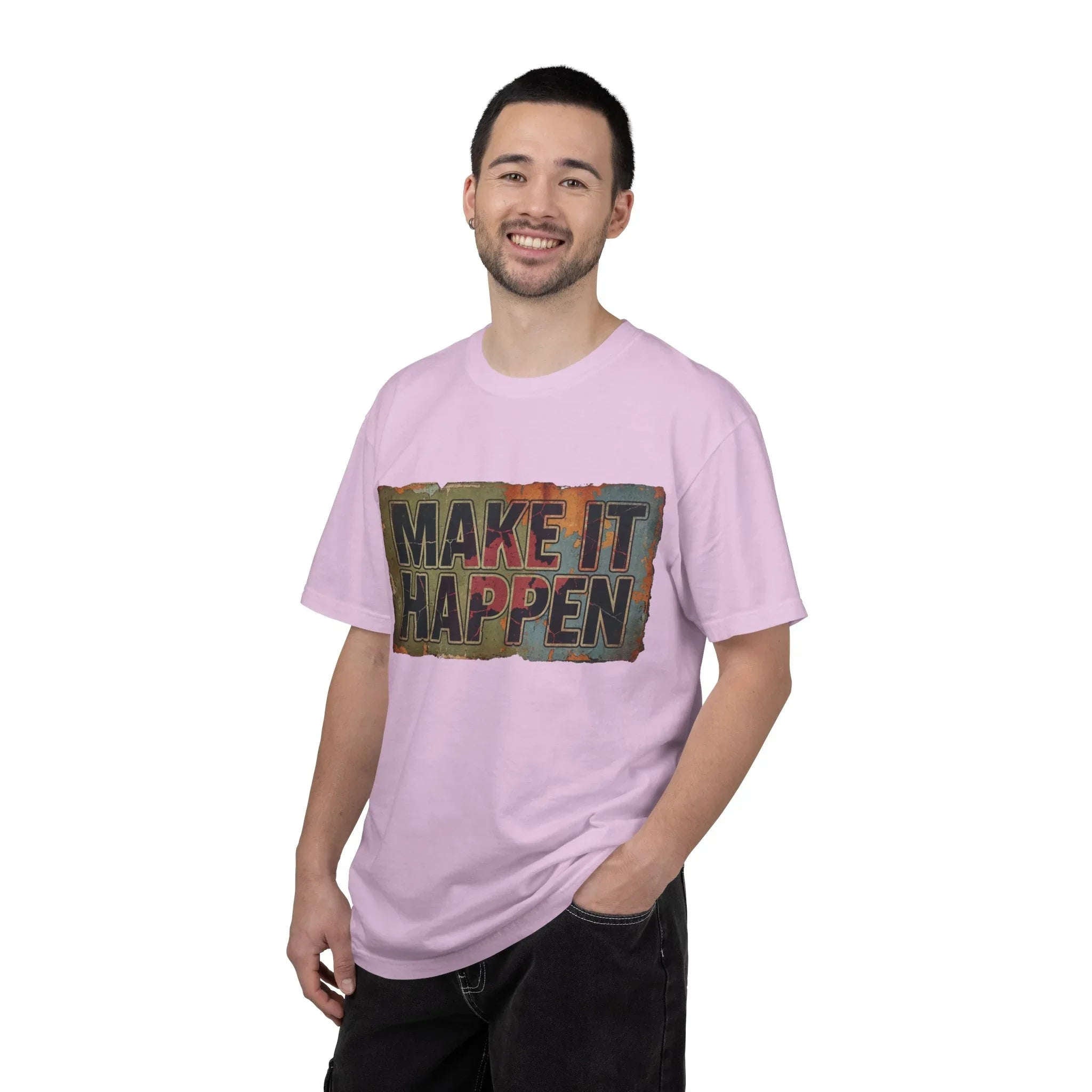Make It Happen Shirt, Motivational Typography Tee, Vintage Distressed Quote T-Shirt, Hustle Entrepreneur Gift, Minimal Streetwear Orchid