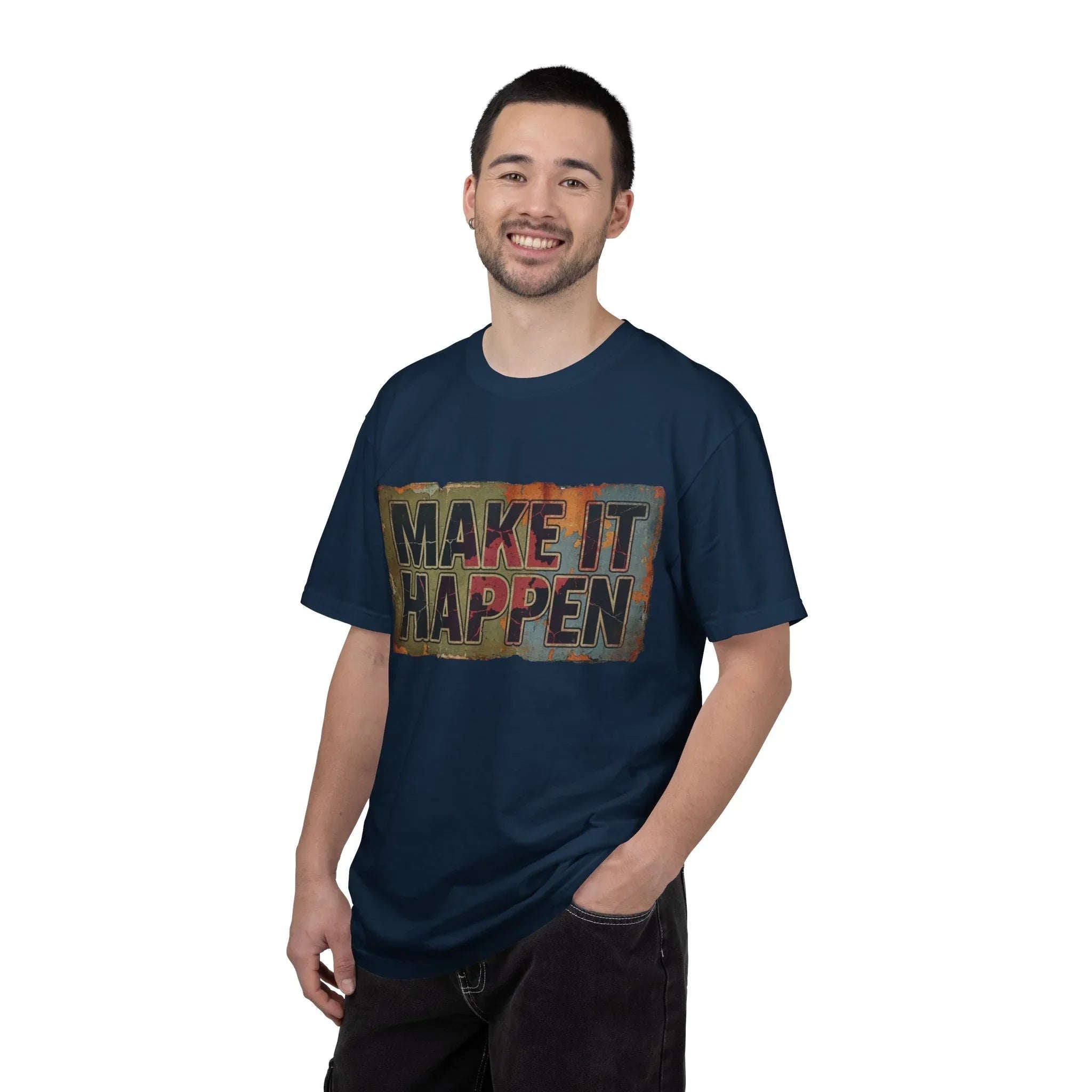 Make It Happen Shirt, Motivational Typography Tee, Vintage Distressed Quote T-Shirt, Hustle Entrepreneur Gift, Minimal Streetwear True Navy