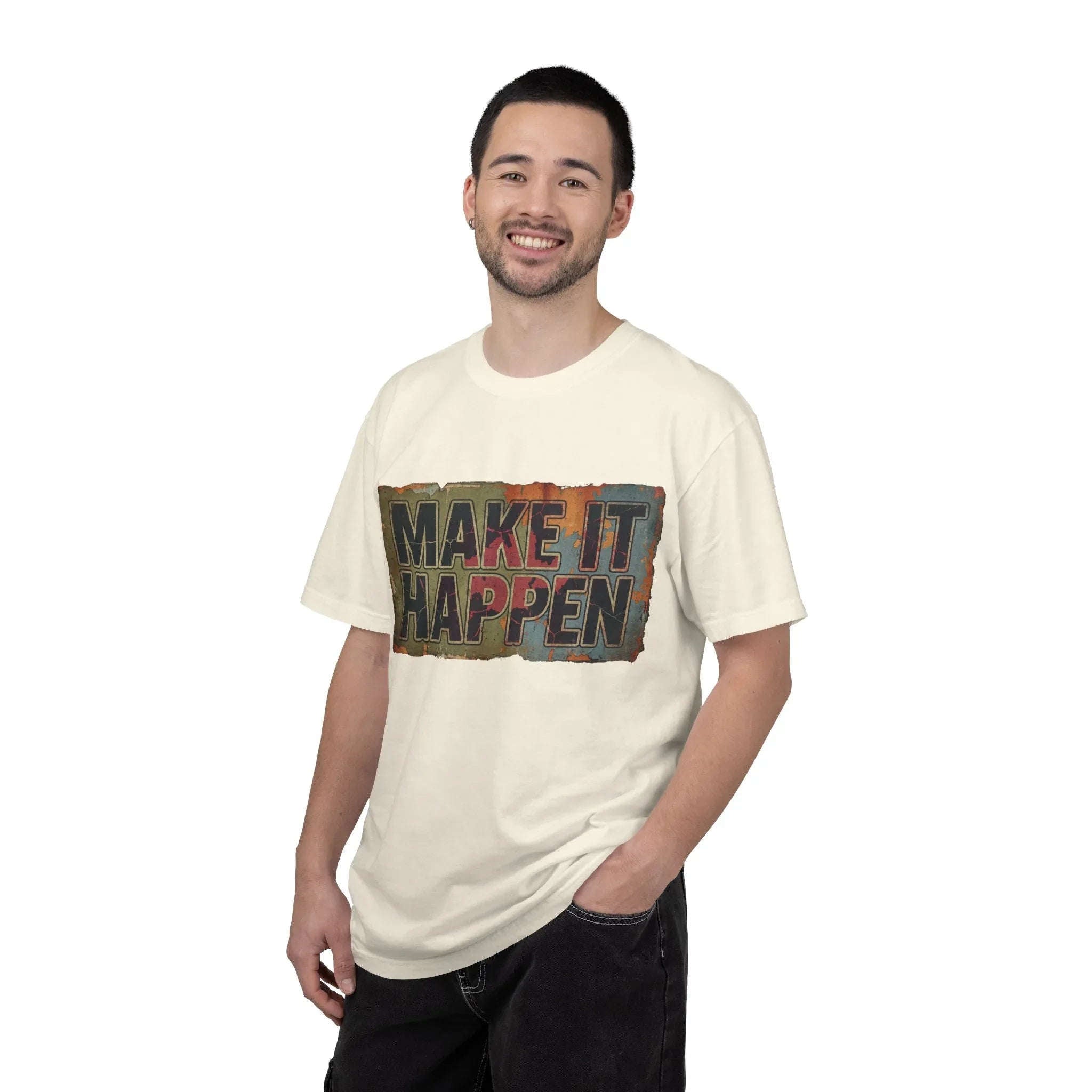 Make It Happen Shirt, Motivational Typography Tee, Vintage Distressed Quote T-Shirt, Hustle Entrepreneur Gift, Minimal Streetwear Ivory