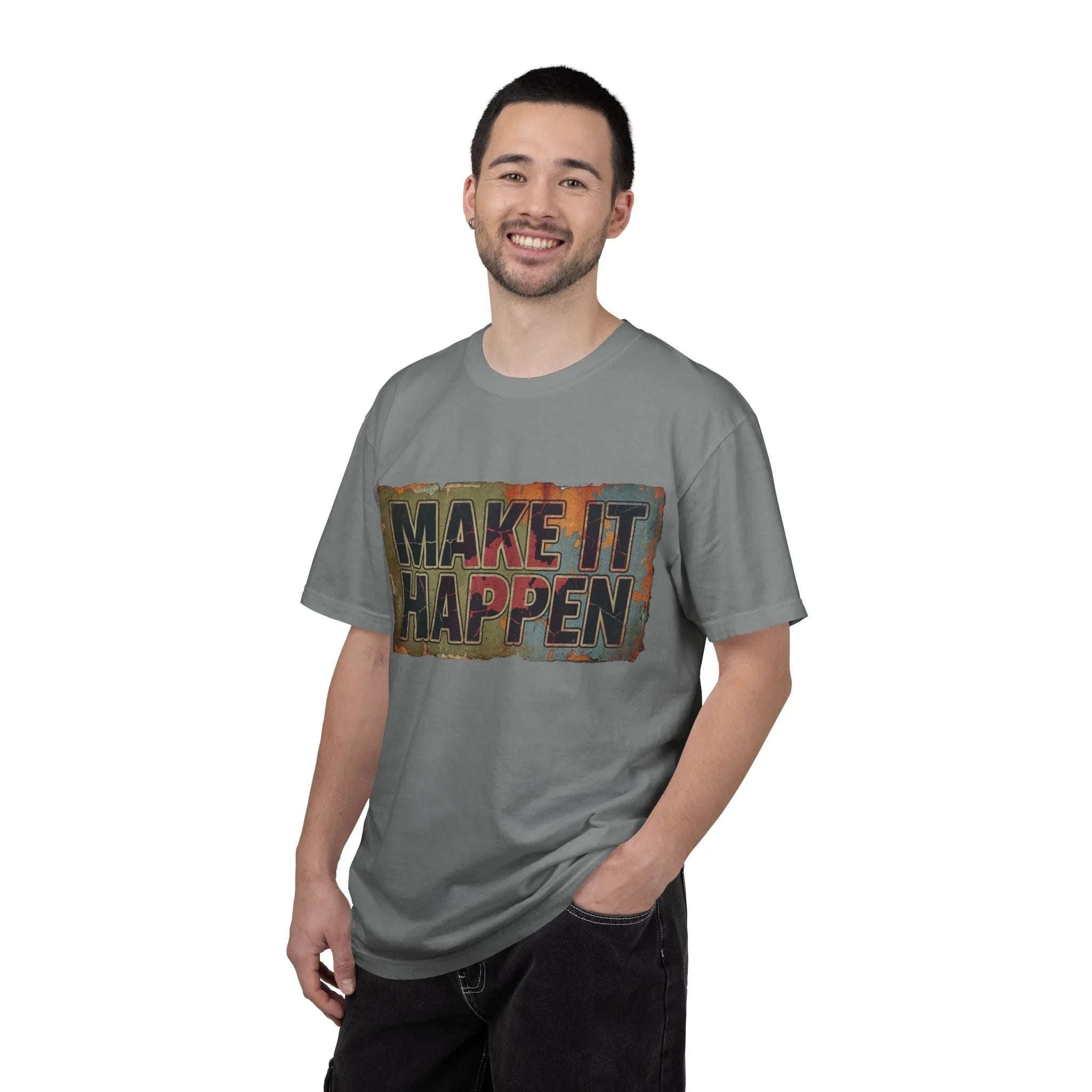 Make It Happen Shirt, Motivational Typography Tee, Vintage Distressed Quote T-Shirt, Hustle Entrepreneur Gift, Minimal Streetwear Grey
