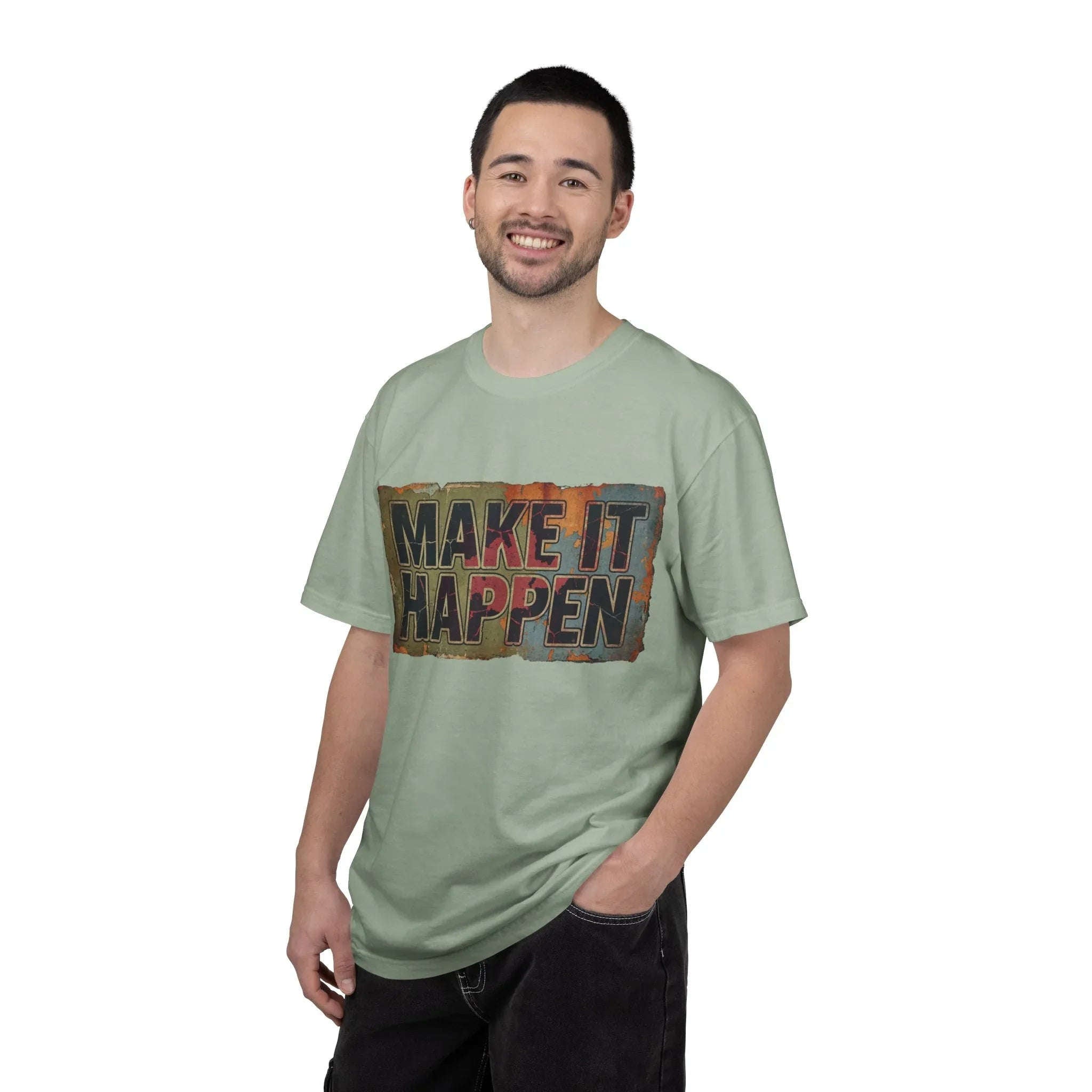 Make It Happen Shirt, Motivational Typography Tee, Vintage Distressed Quote T-Shirt, Hustle Entrepreneur Gift, Minimal Streetwear Bay