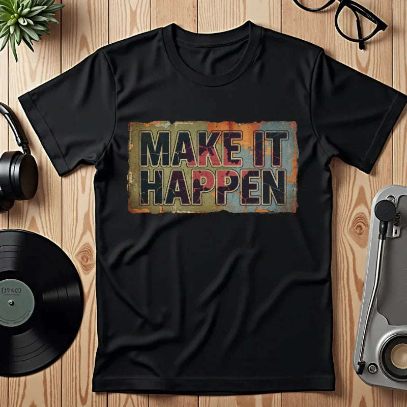 Make It Happen Shirt, Motivational Typography Tee, Vintage Distressed Quote T-Shirt, Hustle Entrepreneur Gift, Minimal Streetwear Black