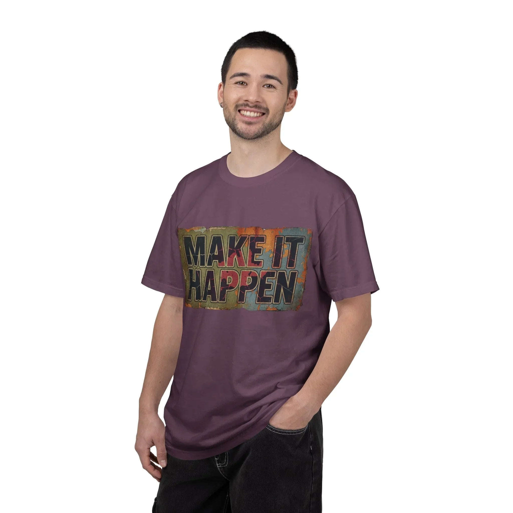 Make It Happen Shirt, Motivational Typography Tee, Vintage Distressed Quote T-Shirt, Hustle Entrepreneur Gift, Minimal Streetwear Berry M
