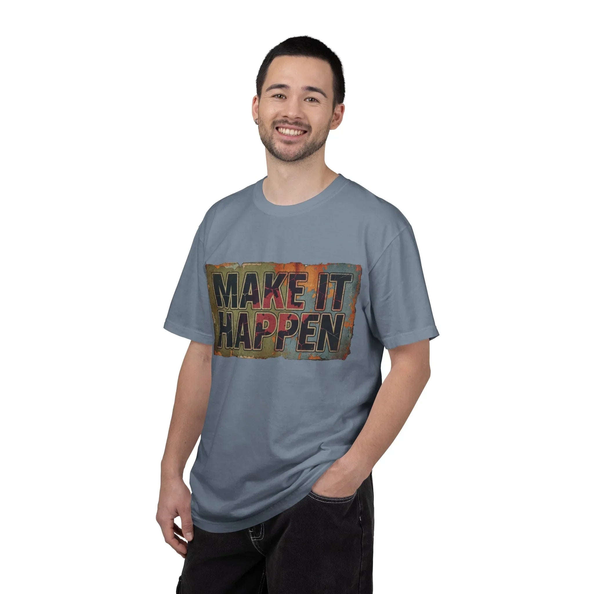 Make It Happen Shirt, Motivational Typography Tee, Vintage Distressed Quote T-Shirt, Hustle Entrepreneur Gift, Minimal Streetwear Blue Jean