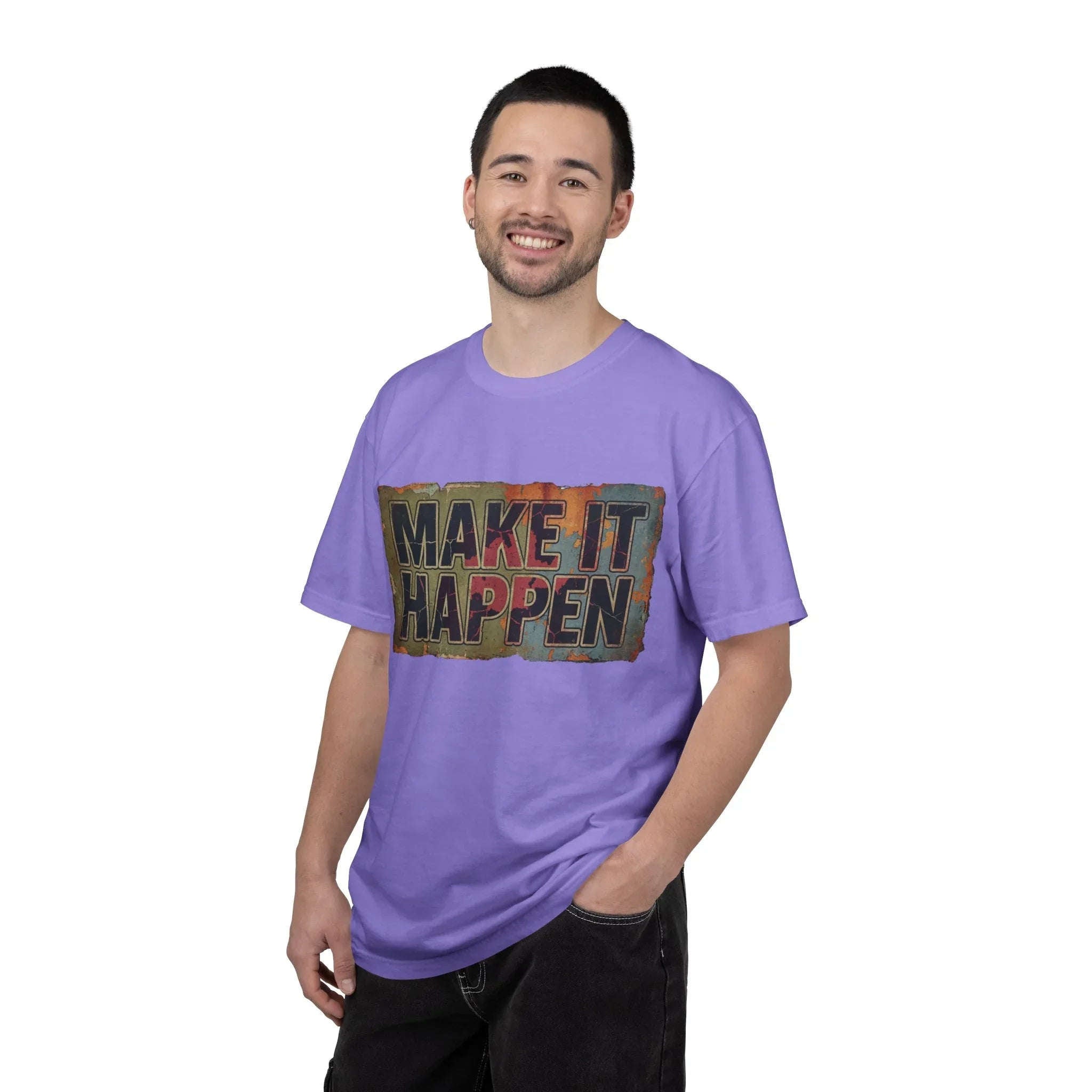 Make It Happen Shirt, Motivational Typography Tee, Vintage Distressed Quote T-Shirt, Hustle Entrepreneur Gift, Minimal Streetwear Violet